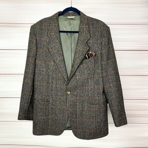 Vintage Mens Austin Grey Wool Sport Coat Houndstooth Black Tan Two Button 42R
